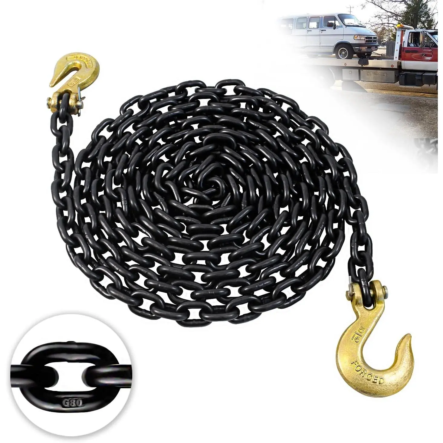 G80 Log Chain 5/16'' X 15 Feet Transport Chain with Clevis Grab Hooks | Heavy Duty Safety Chain WLL 4,900 lbs for Hauling & Towing