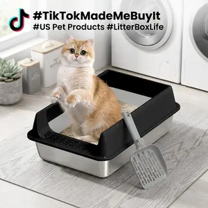 Stainless Steel Cat Litter Box Open Type High Fence Splash-Proof Deepened Easy to Clean,Effortless Cleaning and Odor Control, Perfect for Cats in Terrace, Garden, Home, Or Apartment Use