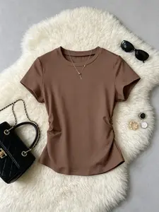 Women's Side Ruched Round Neck Short Sleeve T-Shirt, Summer Slim Fit Slimming Home Wear, Casual Outerwear Top, Comfortable and Stylish, Basic