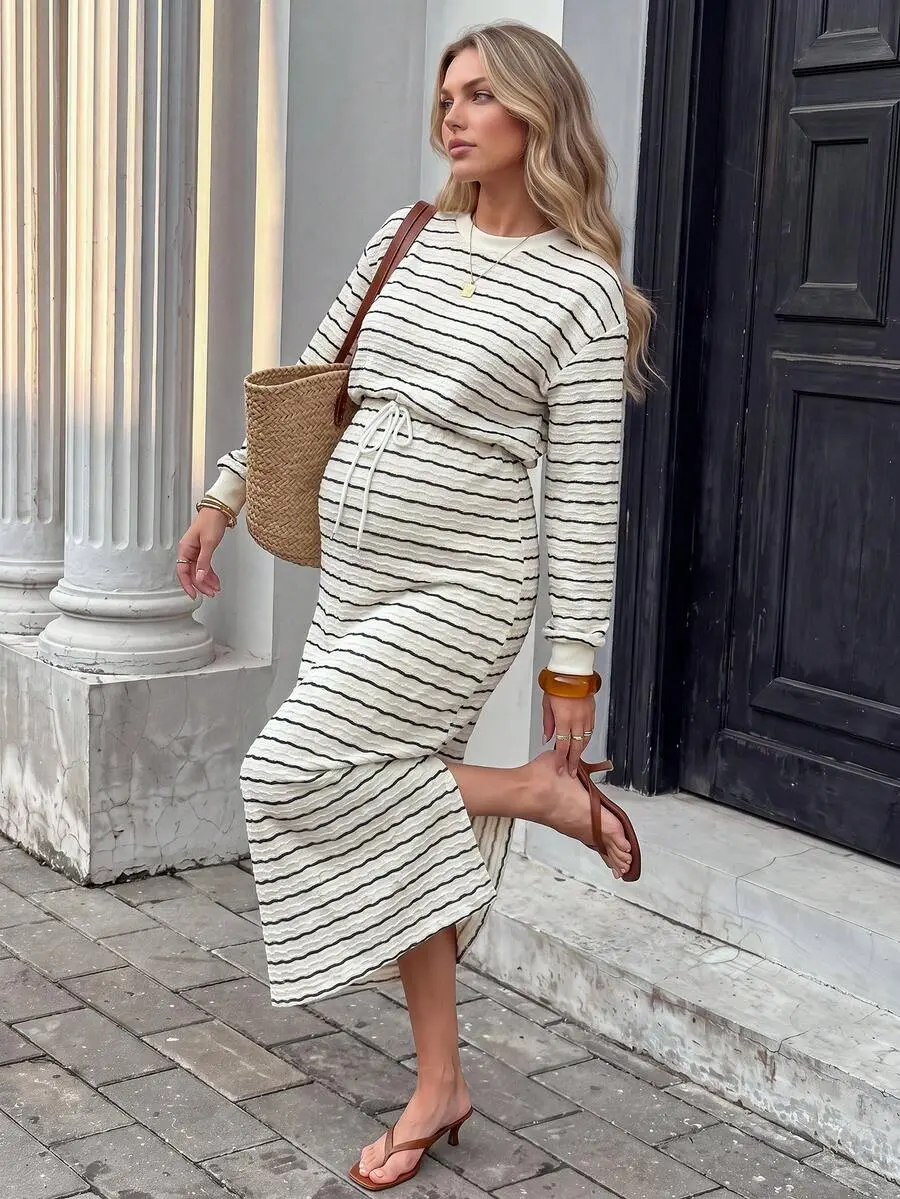 MaterniRIO Maternity Round Neck Long Sleeve Striped Maxi Dress Fall