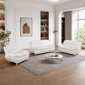 Modern White Sofa Set 3 Piece Living Room Furniture, Breathable Faux Leather Couch Set with Loveseat and Armchair for Apartment Office
