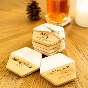 Marble Wooden Coaster Personalized I Custom Engraved Marble Wood Coaster Housewarming Gifts Wedding Gifts Christmas Gifts