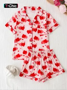 Women's Valentine Heart Print Pajama Set Pjs, Cute Pajama Sets, Casual Fitted Short Sleeve Top & Loose Comfortable Shorts, All Seasons Sleepwear Loungewear