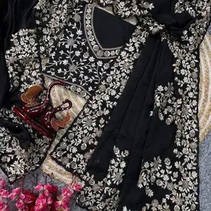 Black Gorgeous Saree Soft Jorjet with Elegant Design and Soft Fabric with free size ready made Blause