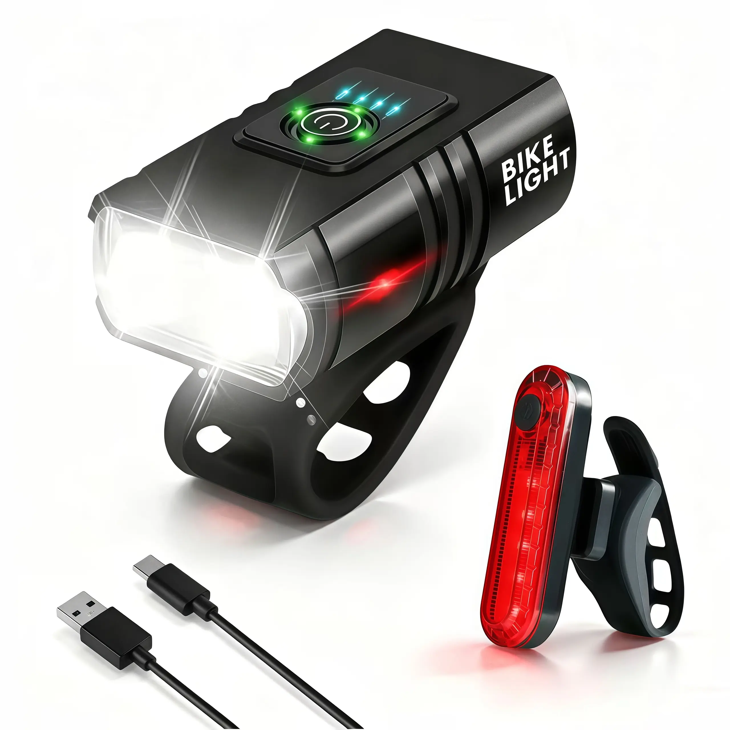 Aluminum Bicycle Light Set for Night Riding, USB-C Fast Charging Front and Rear Lights with Multiple Modes, Compact Ebike Accessories with Adjustable Strap, Led Bike Lights & Reflectors, Light Attachment Accessories