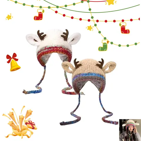 Polyester Knit 2-in-1 Festive Reindeer Antler Beanie Hat-Headband Accessory, Windproof Foldable Festive Headwear with Carrying Bag, Party Props, Cool Christmas Gifts for Holiday Events