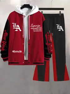 Men's Fall Winter Casual Baseball Pants Set, 2-Piece Letter Print Top Jacket + Colorblock Drawstring Outdoor Sport Long Pants Tracksuit Set