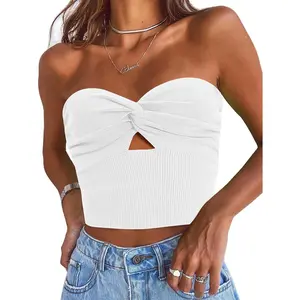 Womens Tube Tops Going Out Cut Twist Knot Front Bandeau Ribbed Knit Y2K  Womenswear Basic Beige Minimalist Short Sleeveless Bridal Cami Cute Bow Cami