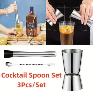 Pack of 3 Stainless Steel Muddler for Cocktails Set, 10 inch Cocktail Muddler for Cocktails with Cocktail Spoon Long Handle and Jigger 0.5/ 1oz, Bar Accessories Tools for Fruit Drinks, Christmas Party Favors