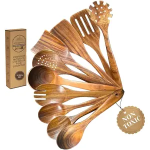 10 count Teak  Utensil Set - ,  Kitchen Cooking Spoons & Spatulas for Nonstick Cookware - Includes Pasta Spoon, Ladle & Skimmer -  Wooden Utensil  Set