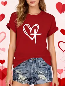 Valentine's Day Limited Edition Women's T-Shirt, Simple Heart Cross Print, Elegant Casual Daily Wear, Light Sweet Fitted Top