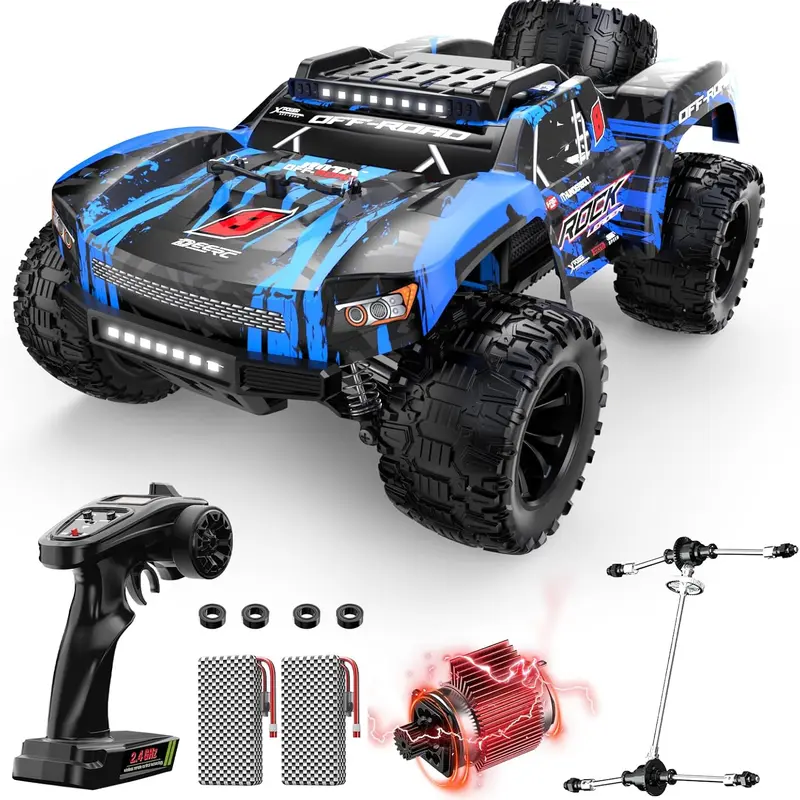 DEERC 1/12 4WD Fast RC Car - 45 km/h Off-Road RC Vehicle, Waterproof, 2x7.4V 1500mAh Rechargeable Batteries, Spare Tire, Shock System, Metal Drive Shafts, 1.5kg High Torque Servo, Short Course Stunt Kit, Toys for Boys 12+