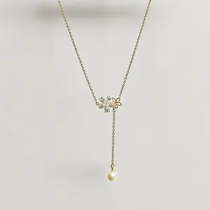 Gold Flower Pearl Zircon Lariat Necklace - Copper, 27cm Chain, 1cm×1cm Pendant, 2.4g/0.08oz - Summer Daily Wear Dainty Jewelry accessories