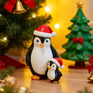 Cute Penguin Figurine with Christmas Hat, Ideal Home Decor Gift, Festive Resin Crafts for Holiday Atmosphere, Perfect for Thanksgiving & Xmas