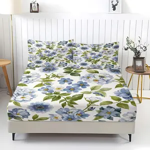 Blue And White Floral Bedding Set (1 Fitted Sheet + 2 Pillowcases), Deep Pocket Fitted Sheet, Modern Home Decor Essential, Perfect Gift