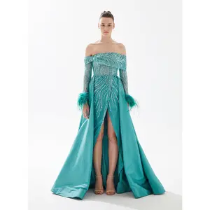 Tarik Ediz 98316 Feather Embellishment Long A-Line Madison Dress