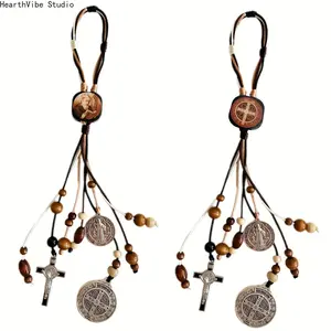 Car Hanging Charm, 2-Piece Saint Benedict Medal and Cross Crucifix Set - Beaded Catholic Rosary, Religious Gift and Car Interior Accessory
