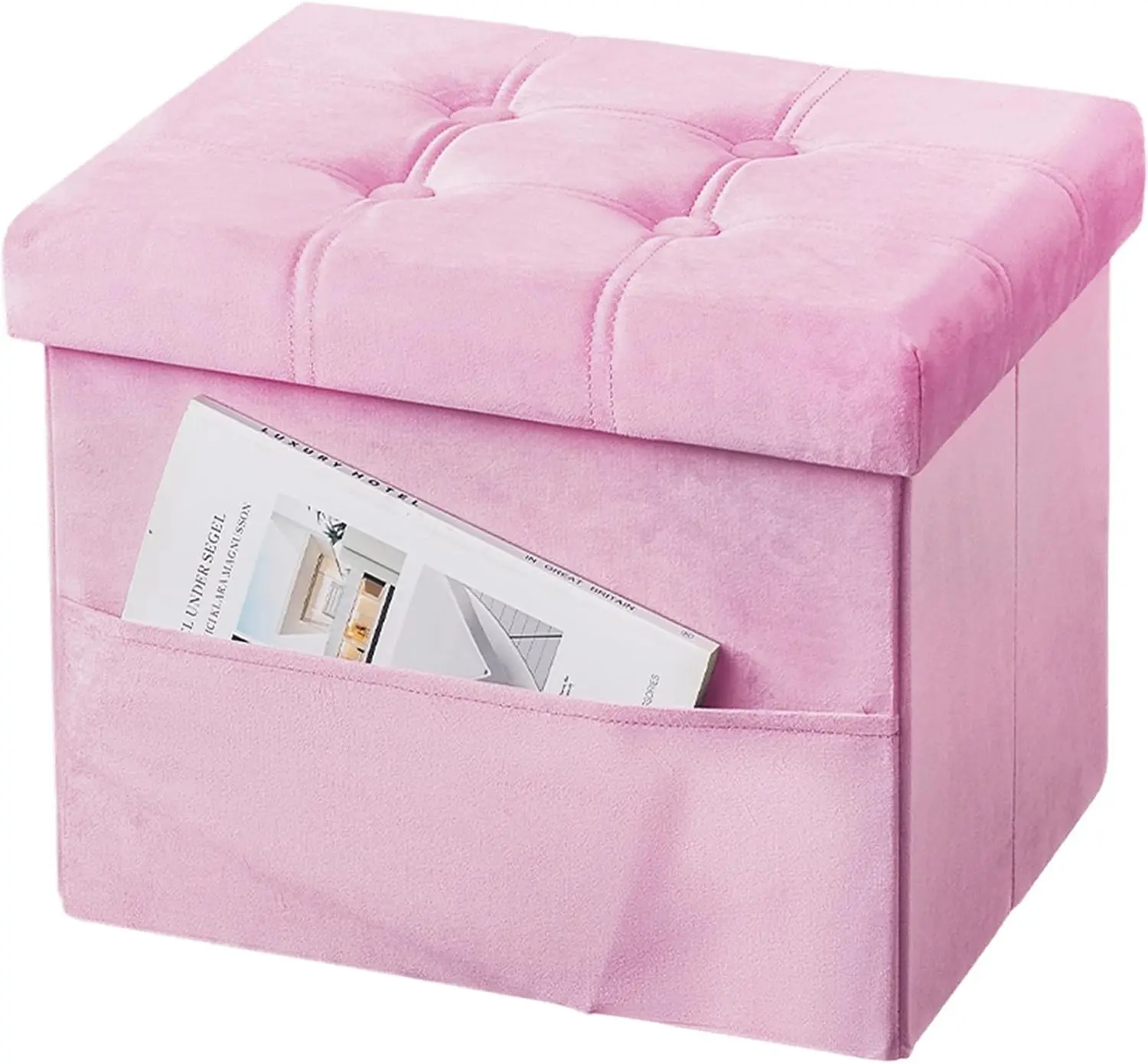 Storage Ottoman Foot Stool, 17 inches Folding Ottoman with Storages, Velvet Storage Bench with Side Pocket, Foot Rest for Living Room, Bedroom (Pink)