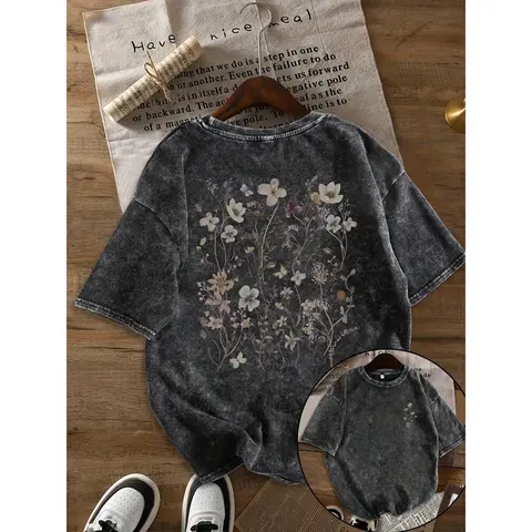 Women's Short-Sleeve Vintage Snow-Washed Floral Print T-Shirt - Soft Comfortable Fabric, Cute Tops for Streetwear Fashion, Women's Clothes, Tops For Women