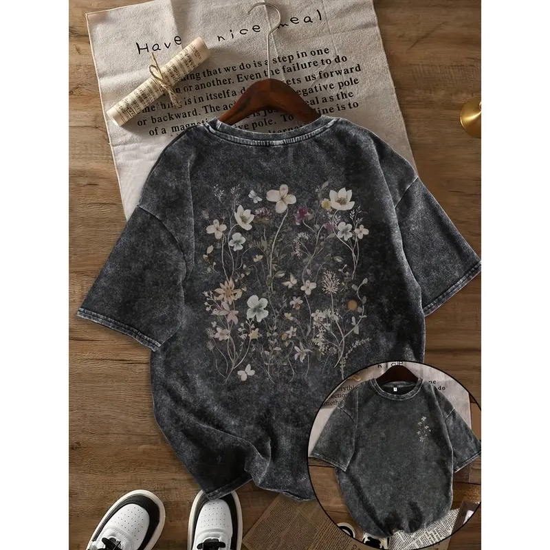 Women's Short-Sleeve Vintage Snow-Washed Floral Print T-Shirt - Soft Comfortable Fabric, Cute Tops for Streetwear Fashion, Women's Clothes, Tops For Women
