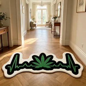 Electrocardiogram, leaf shaped carpet, black green contrasting velvet floor mat, living room bedroom anti slip and wear-resistant foot mat, street hip-hop atmosphere decorative mat, suitable for ins style/retro home decoration, Decorative Rug