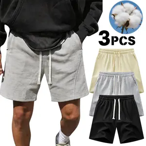 Men's Cotton Plain Athletic Shorts 3-Pack - Drawstring Waist, Loose Fit, Breathable, Skin-Friendly, Unrestricted Wear, Ideal for Everyday Outings, Light Workouts (Multiple Colors)