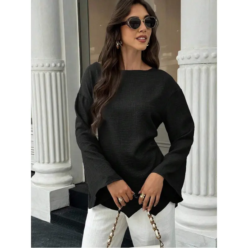 Women's Black Solid Color Pleated Asymmetric Hem Long Sleeve Elegant Blouse Fabric Fit Casual Top Woven Polyester Shirt