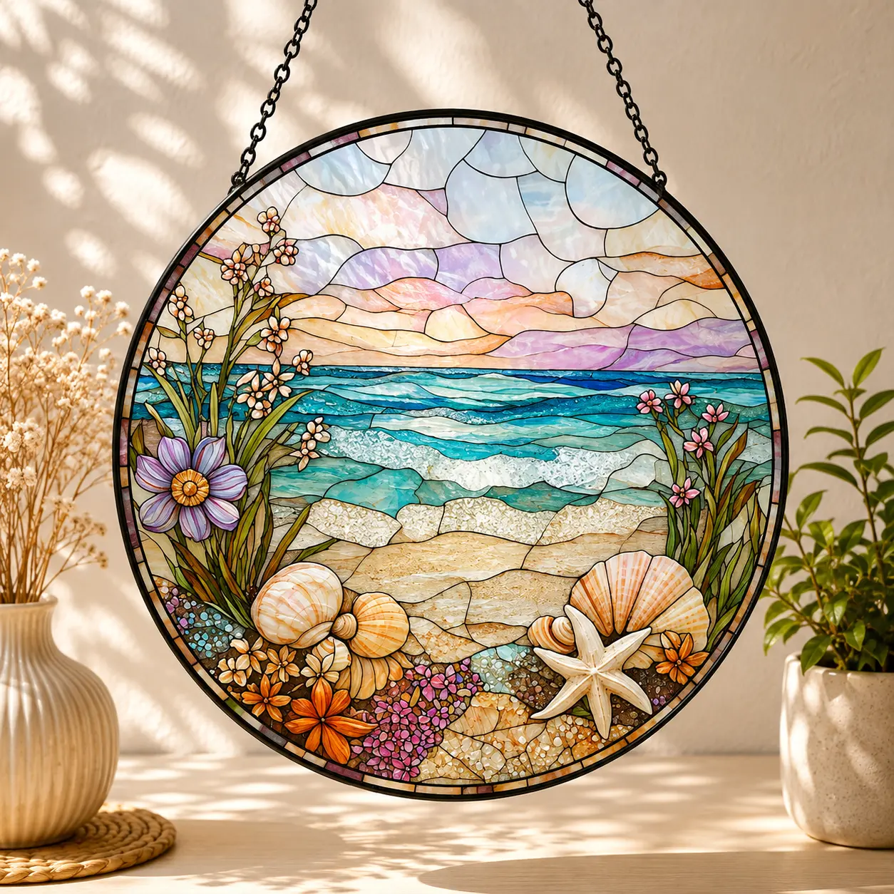 Coastal Beach Stained Glass Suncatcher, Seashell Ocean Window Hanging, Starfish Glass Panel, Beach House Decor, Coastal Gift for Her