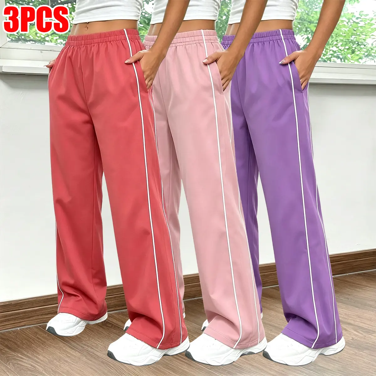3-pack women’s solid-color athletic pants, soft and comfortable fabric with side stripes—versatile for everyday wear: sports, fitness, running, casual outings; suitable for students and work; women’s bottoms, athletic long pants, summerwins, summervibes