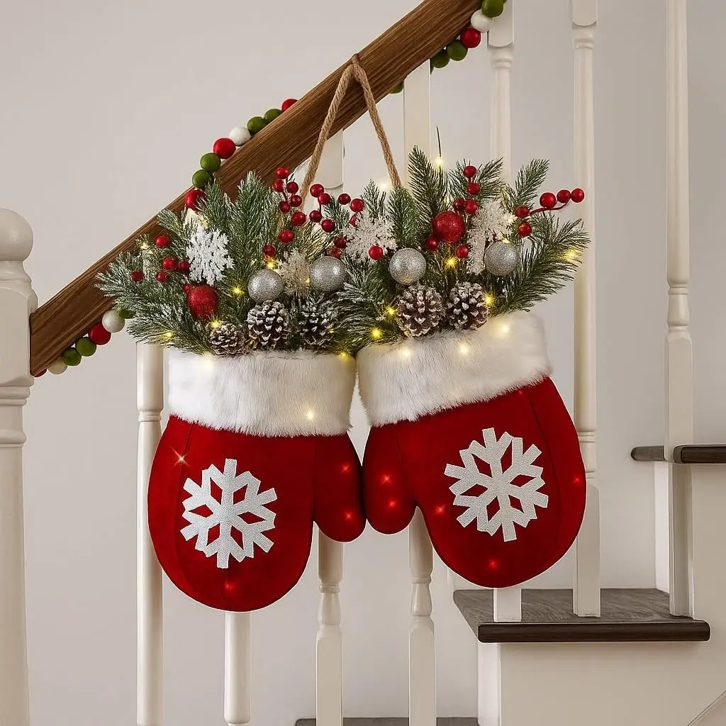 LED Christmas Glove Wreath - 20-Light Festive Home Decor, Artificial Pine Branches, Red Berries, Frosted Pine Cones for Front Door, Pinebranches