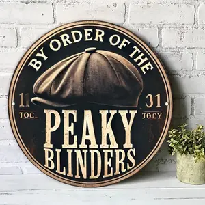 1pc Vintage British Wall Art Metal Sign - Round Retro Decor with "By Order of The Peaky Blinders" Text and Fedora Hat Design, 20x20cm/7.87x7.87 Inches, Suitable for Bedroom, Living Room, Bar, Outdoor Use, Durable Decorative Hanging Plaque, 2D Flat