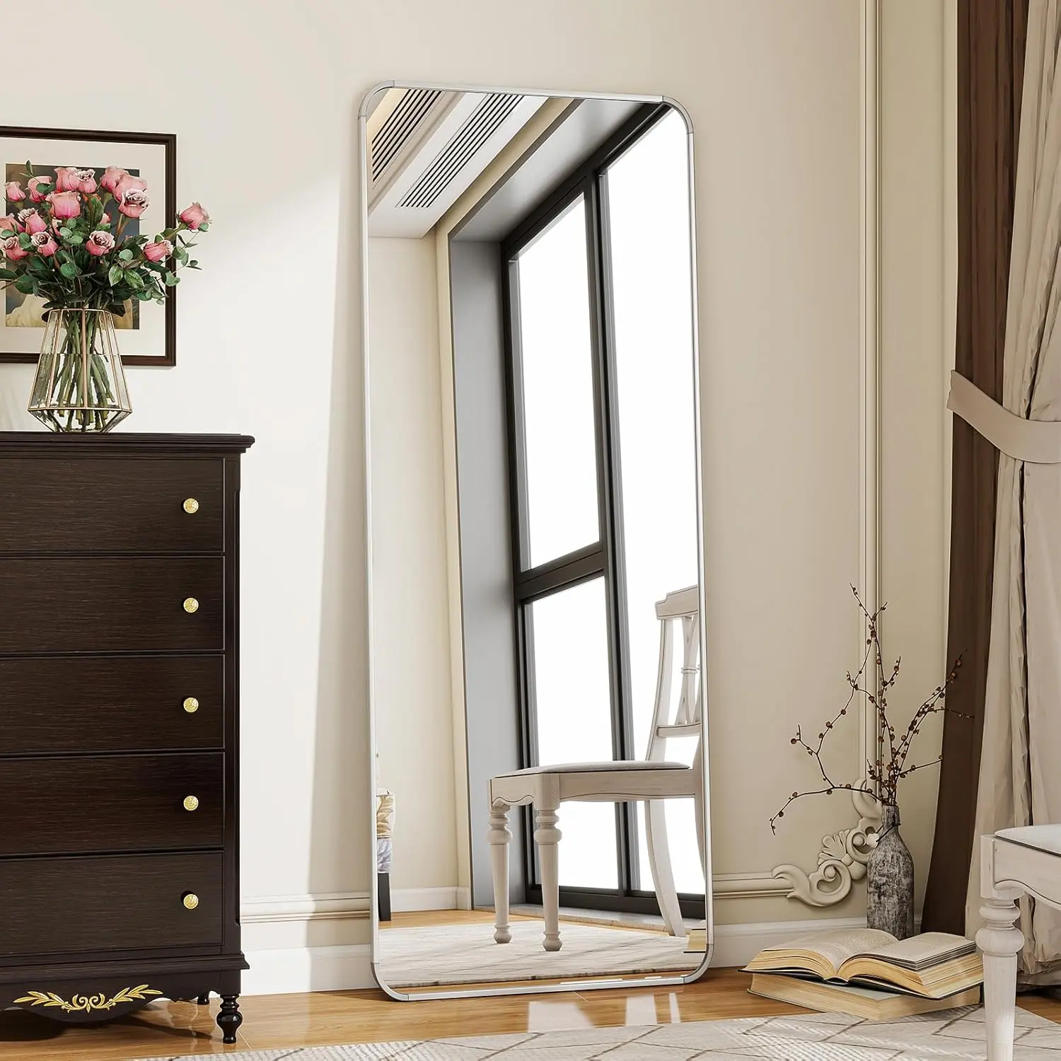 Silver Full Length Mirror, 56"x21" Rounded Corner Floor Mirror Standing Hanging or Leaning Against Wall, Suitable for Bedroom or Dressing Room