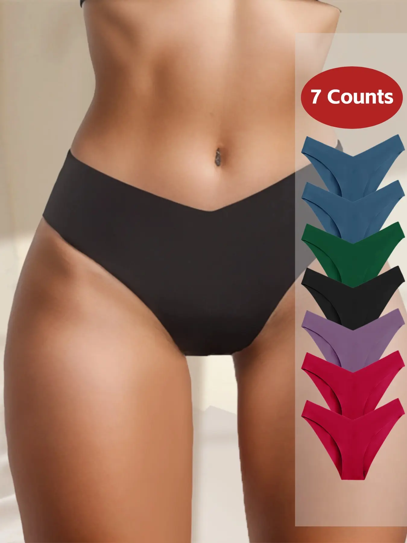 Women's Low Waist Underwear Set, V-Neck Ice Silk Seamless Panties, Casual Fitted Plain Basic Elegance Design, Suitable for All Seasons, Womenswear