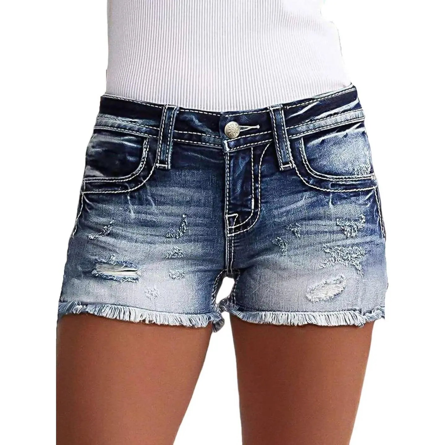Women's Vintage Retro Chic Preppy Denim Shorts - Mid-Waist, Distressed Ripped Style, Frayed Tassel Hem, Flattering Fit for Summer Beach Wear (Women's Clothes), Everyday, Piece, Pockets, Button, Blouse, Party, Jean Shorts, Crop