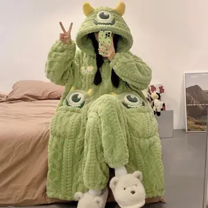 Coral Fleece Nightgown for Women, Autumn and Winter, Cute Cartoon Hooded Pajamas, Thickened and Warm Homewear Set Loungewear Nightwear