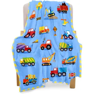 Construction worker pattern children's blanket, suitable for boys and girls, lightweight and soft, cute little truck and car pattern blanket, comfortable wool fleece flannel plush blue blanket, gift