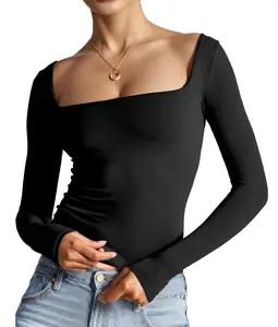 ZEAGOO Women Square Neck Crop Top Long Sleeve Basic Slim Fit T Shirts Solid Color Sexy Tunic