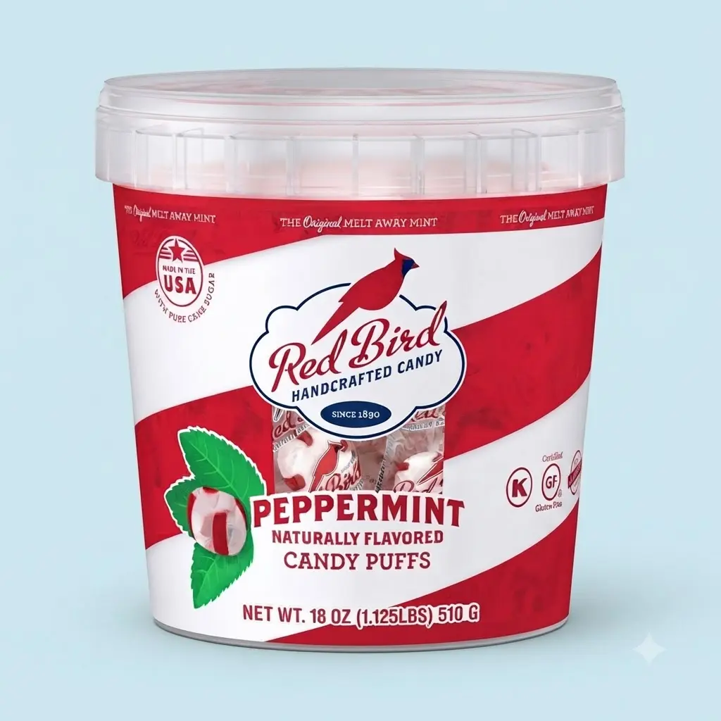 Red Bird Soft Peppermint Candy Puffs 18 oz Tub Allergen Free Gluten Free Real Cane Sugar Melt In Mouth Peppermint Candy