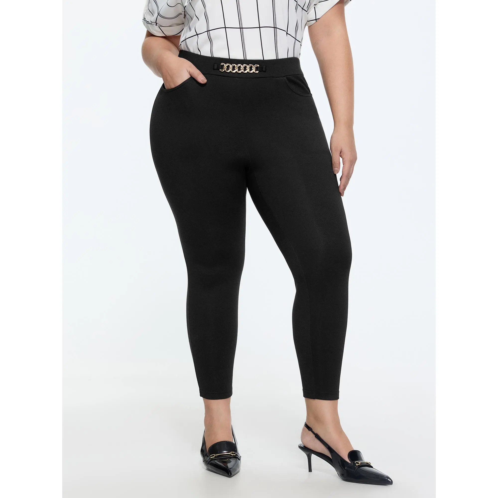 BloomChic Plus Size Business Casual Pants, Solid High-Rise Cropped Garment in a Slim-Fitting Stretch Polyester Fabric with Side Pocket