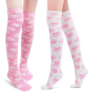 Littleforbig Cute Coral Fleece Thigh High Long Paws Pattern Socks 2 Pairs