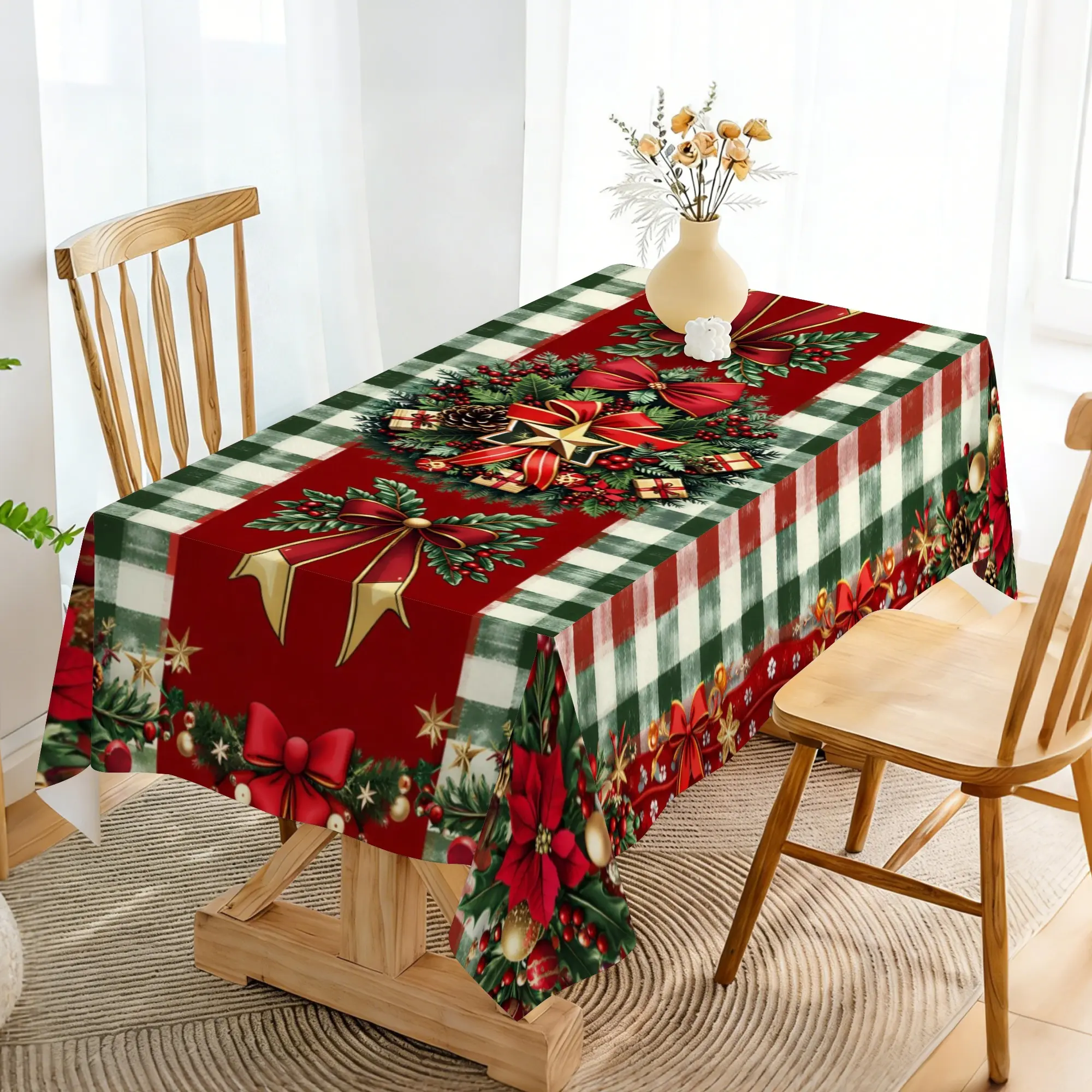 EastJia 1pc Christmas Red Green Plaid Rectangle Tablecloth - Holly & Bow Decor, Durable, Easy to Clean, Machine-Made, Smooth Peach-Hand Finish, Glam Home Decor for Holiday Dining, Sofa Side & Wall Accent
