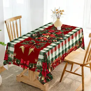 EastJia 1pc Festive Tablecloth - Red Green Plaid Holiday Dining Decor with Holly, Bows, Durable, Easy to Clean, Perfect for Holiday Dining & Home Decor, Machine-Made, Ideal for Celebrations, Table Decorations