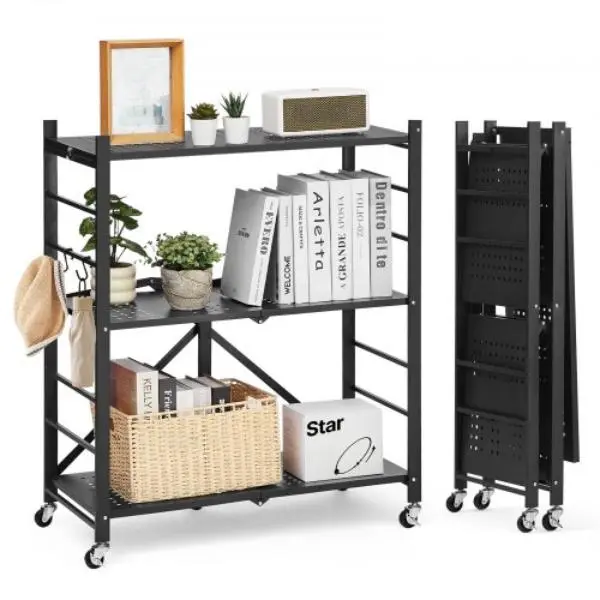 Vevor 3-Tier Foldable Carbon Steel Shelving Rack - 30x13x36" - Black Folding Storage Unit with 5 Wheels, 4 Hooks for Multi-Room Use (Pantry, Kitchen)