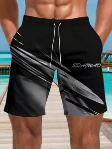 Men's Quick-Dry Beach Shorts, Fashion Geometric Print Swim Trunks, Summer Casual Short Pants, Sun Protection Breathable Gym Shorts