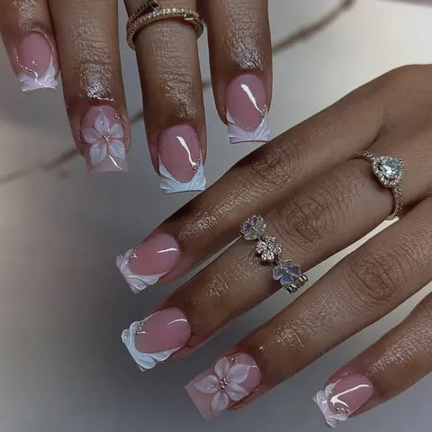 10-Piece Handmade Nail Art Set, Nail Art Decoration, Soft Camellia Design, French Embossed Pearl Edge, Daily Date Commute, Acrylic Nails