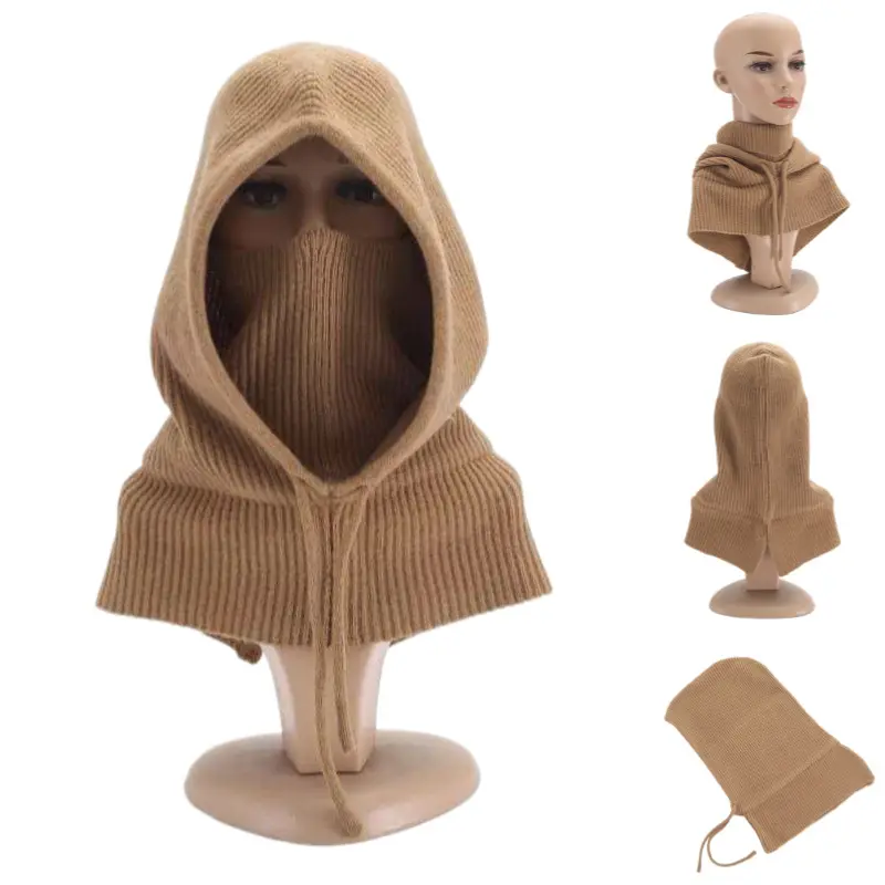 3 in 1 Winter Knitted Hat with Hood, Pullover Balaclava, Adjustable Neck Gaiter and Face for Men Women Outdoor