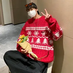 Men’s Christmas Red Sweater – Oversized Knitted Sweater, Loose Fit, Thickened, Retro “Lazy Style” Coat, Couples Matching Sweater