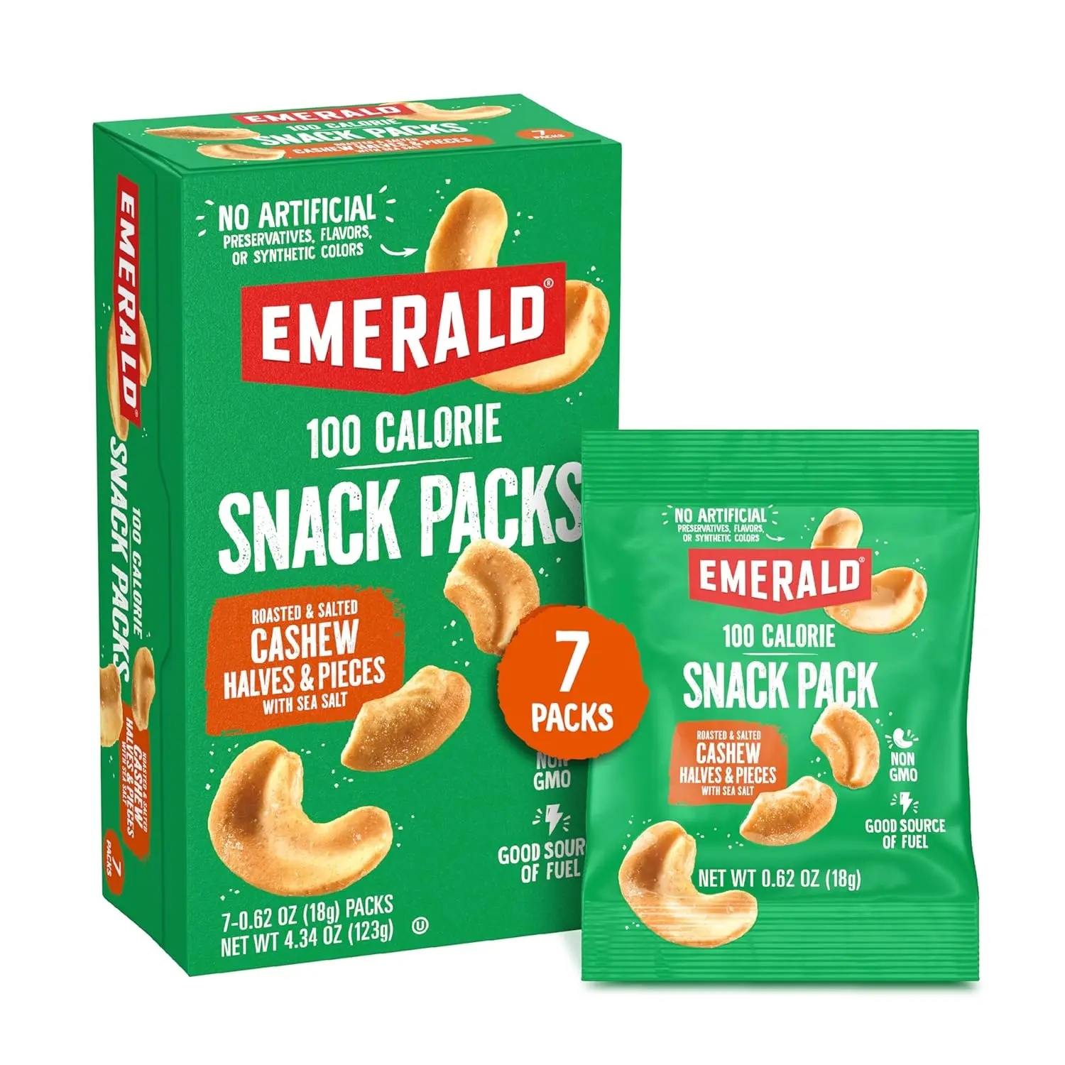 Nuts Roasted and Salted Cashews 7ct (1-Pack), 100-Calorie Individual Packs, Plant-Based Protein, Kosher Certified, Non-GMO, Contains No Artificial Preservatives, Flavors or Synthetic Colors