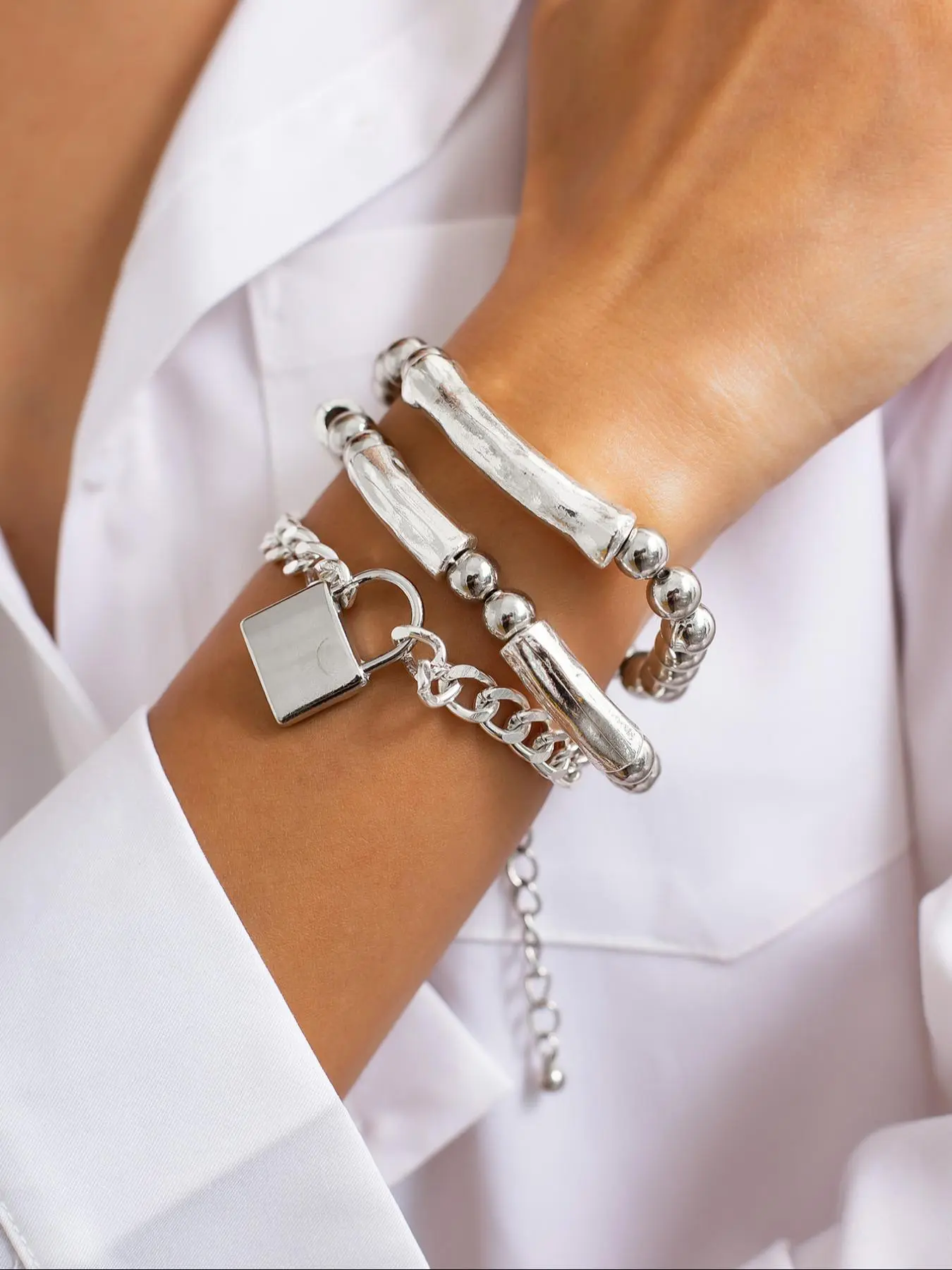 Fashion Lock Design Bracelet Set, Fashionable Bracelet Style, Casual Beaded & Chain Bracelet for Women & Men, Trendy All-match & Exquisite Jewelry for Birthday Gift, Bangles bracelets set