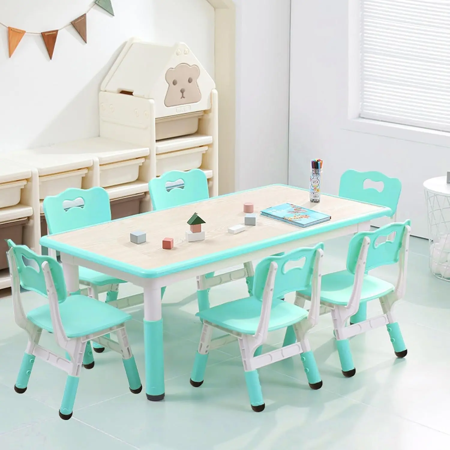 GAOMON Adjustable Kids Table and 6 Chairs Set - 47" Graffiti-Resistant Desktop - Non-Slip Legs - Perfect for Reading, Arts & Crafts, Preschool, Study room, or Daycare - Ages 2-10
